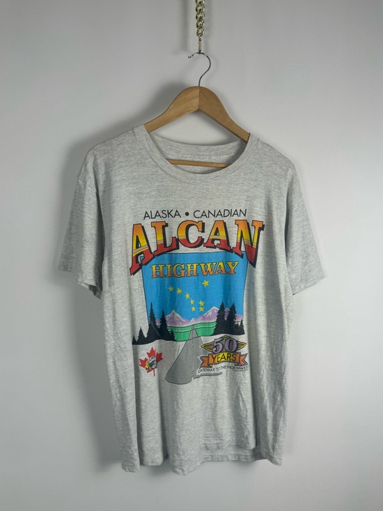 Vintage Other - Vintage 90s Alcan Highway Short Sleeve T‑Shirt - Gray with Multicolor Graphic